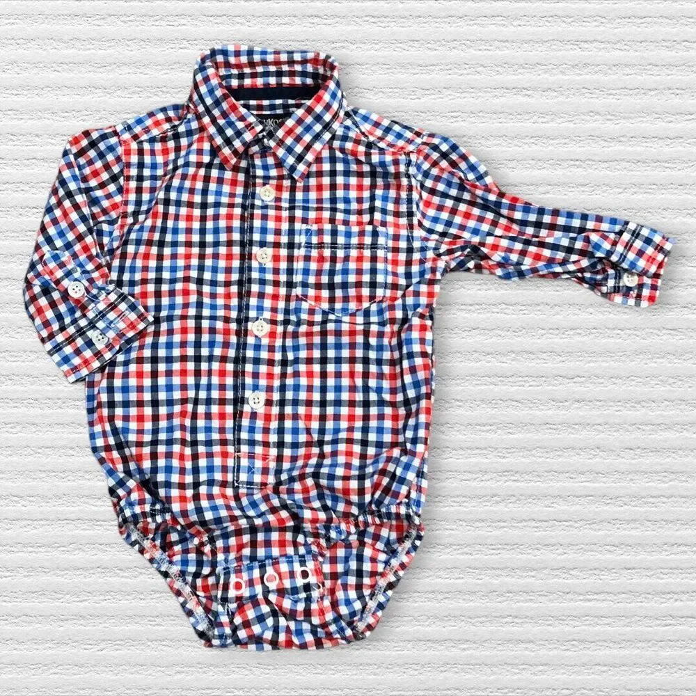Oshkosh 12m Baby Polo Bodysuit Plaid Red White Blue Button Up